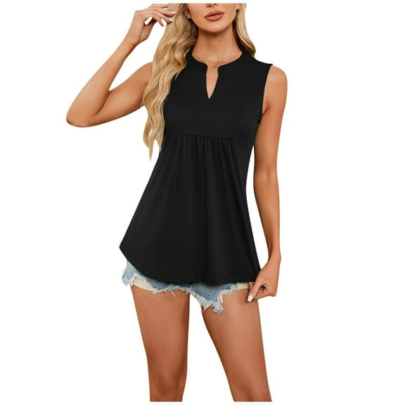 Lovskoo Summer Tops for Women 2024 Tank Tops V Neck Sleeveless Solid Color Peplum Top Pleated T Shirt Black
