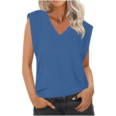 Lovskoo Summer Tops for Women 2024 Tank Tops V Neck Sleeveless Solid Color Sling Tops Blouse Blue
