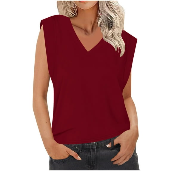 Lovskoo Summer Tops for Women 2024 Tank Tops V Neck Sleeveless Solid Color Sling Tops Blouse Burgundy