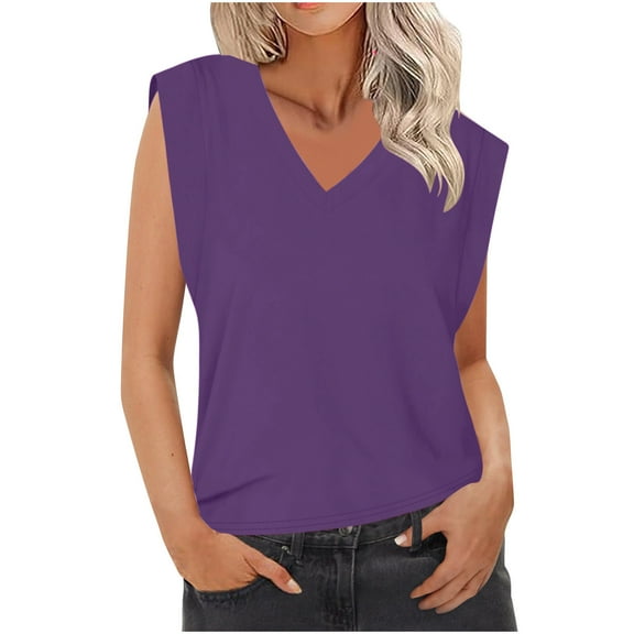 Lovskoo Summer Tops for Women 2024 Tank Tops V Neck Sleeveless Solid Color Sling Tops Blouse Purple