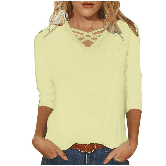 Lovskoo Summer Tops for Women 2024 V Neck 3/4 Sleeve Solid Color Trendy Casual Top Green