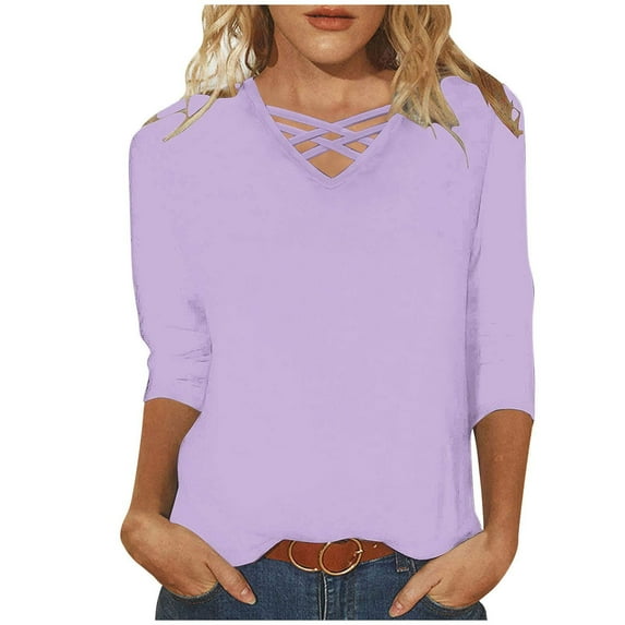 Lovskoo Summer Tops for Women 2024 V Neck 3/4 Sleeve Solid Color Trendy Casual Top Purple