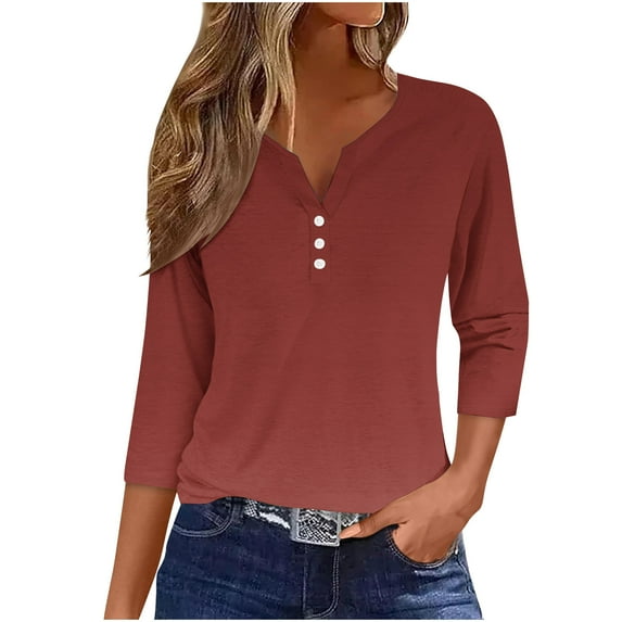 Lovskoo Summer Tops for Women 2024 V Neck 3/4 Sleeve Trendy Casual Solid Color T Shirt Buttons Blouse Casual Tops Coffee