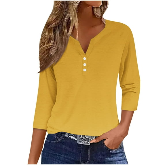 Lovskoo Summer Tops for Women 2024 V Neck 3/4 Sleeve Trendy Casual Solid Color T Shirt Buttons Blouse Casual Tops Yellow