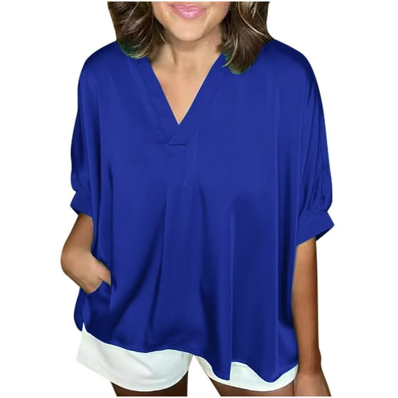 Lovskoo Summer Tops for Women 2024 V Neck Half Sleeve Loose Casual Solid Color T Shirt Pullover Blouse Tops Blue