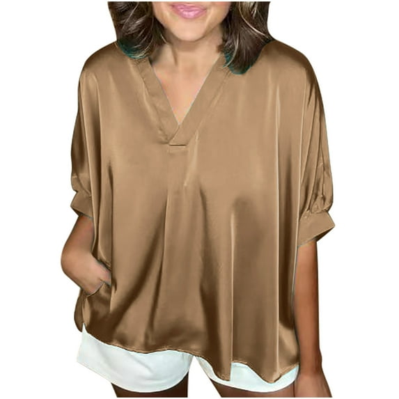 Lovskoo Summer Tops for Women 2024 V Neck Half Sleeve Loose Casual Solid Color T Shirt Pullover Blouse Tops Khaki