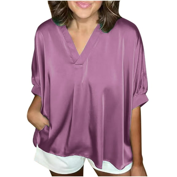 Lovskoo Summer Tops for Women 2024 V Neck Half Sleeve Loose Casual Solid Color T Shirt Pullover Blouse Tops Purple