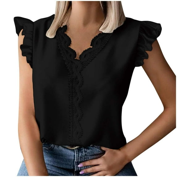 Lovskoo Summer Tops for Women 2024 V Neck Short Sleeve Casual Solid Color Top Black