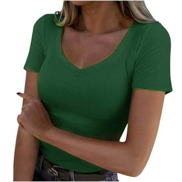 Lovskoo Summer Tops for Women 2024 V Neck Short Sleeve Casual Solid Color Top Blouse Olive Green