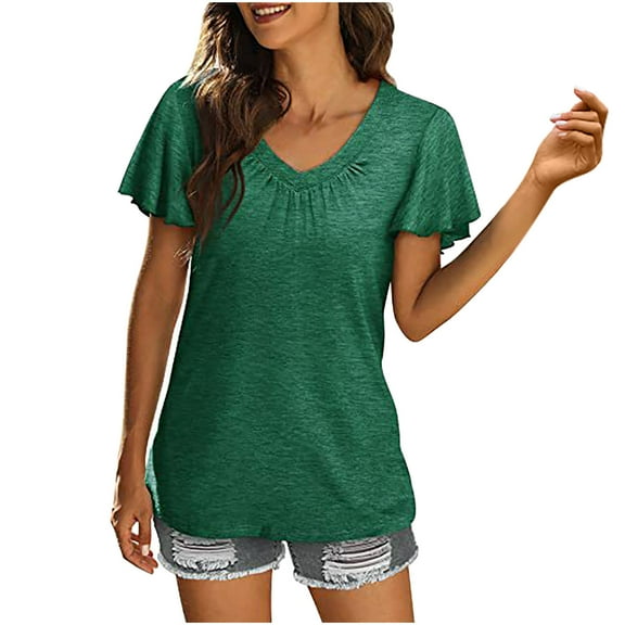 Lovskoo Summer Tops for Women 2024 V Neck Short Sleeve Solid Color Casual Pleated T Shirt with Ruffled Sleeves Loose Top Shirt Green