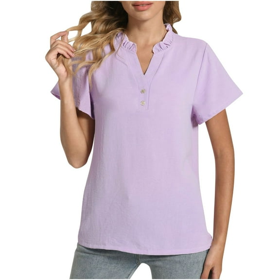 Lovskoo Summer Tops for Women 2024 V Neck Short Sleeve Solid Color Lace Collar Button Trendy Comfortable Breathable T Shirt Purple
