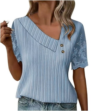 Lovskoo Summer Tops for Women 2024 V Neck Short Sleeve Solid Color Tops Shirts Pullover Lace Sleeves Spliced T Shirts for Women Blue