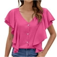 thumbnail image 1 of Lovskoo Summer Tops for Women 2024 V Neck Short Sleeve Solid Color Trendy Casual Ruffle Sleeve Top Shirt Hot Pink, 1 of 9