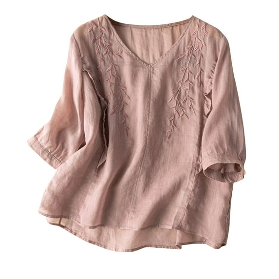 Lovskoo Summer Tops for Women 2024 V Neck Short Sleeve Solid Color Trendy Comfortable Breathable Blouses Tops Pink