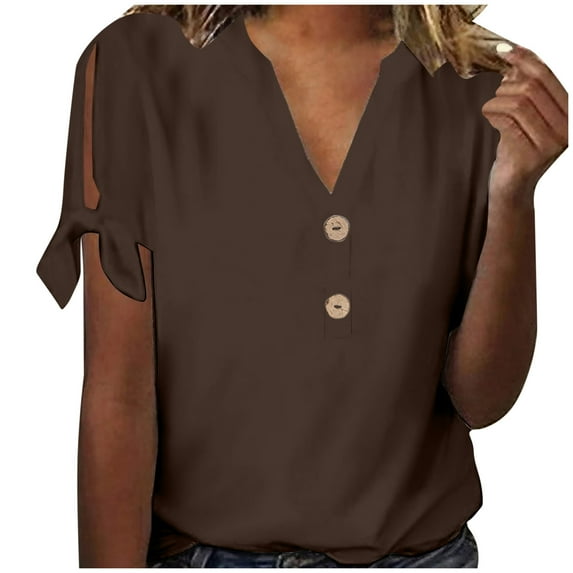 Lovskoo Summer Tops for Women 2024 V Neck Short Sleeve Trendy Solid Color Casual Tied Sleeves Top Shirt Brown