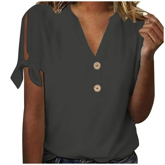 Lovskoo Summer Tops for Women 2024 V Neck Short Sleeve Trendy Solid Color Casual Tied Sleeves Top Shirt Dark Gray
