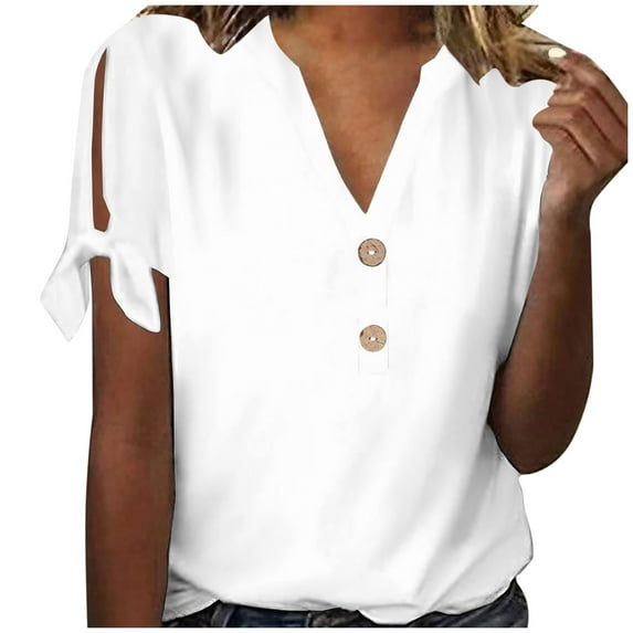 Lovskoo Summer Tops for Women 2024 V Neck Short Sleeve Trendy Solid Color Casual Tied Sleeves Top Shirt White