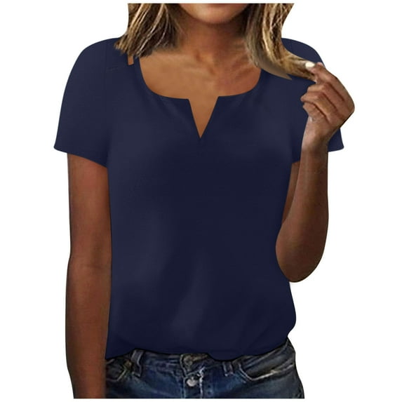 Lovskoo Summer Tops for Women 2024 V Neck Short Sleeve Trendy Solid Color Casual Top Shirt Navy