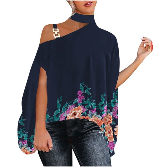 Lovskoo Summer Tops for Women Casual Half Batwing Sleeve Halter Neck Off Shoulder Printed And Solid Loose Pullover Blouse Tops Navy