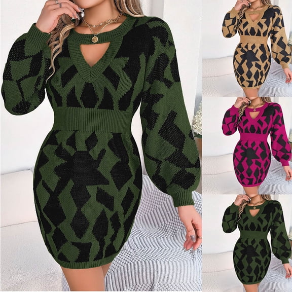 Lovskoo Sweater Dress for Women Fall and Winter Trendy Collar Off-Shoulder Lantern Sleeve Knitted Sweater Dress Hot Pink