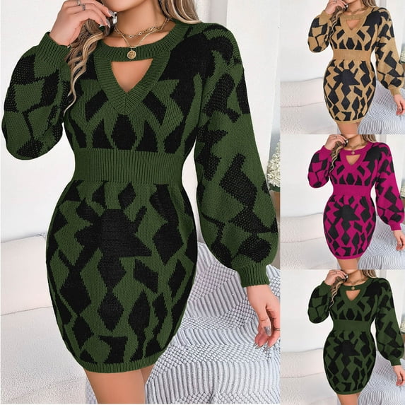 Lovskoo Sweater Dress for Women Fall and Winter Trendy Collar Off-Shoulder Lantern Sleeve Knitted Sweater Dress Khaki