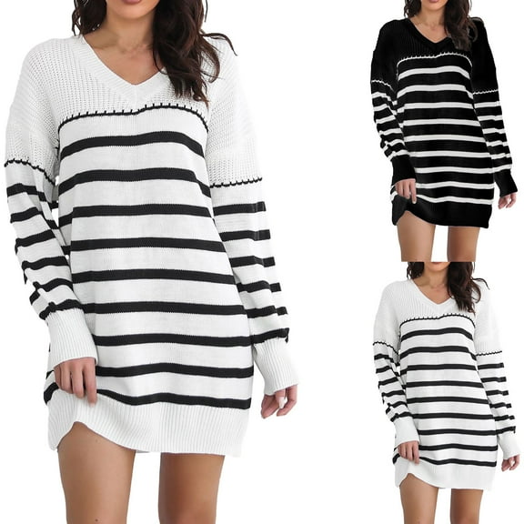 Lovskoo Sweater Dress for Women Knit Dress Loose Comfortable V-Neck Stripe Sweater Dress Black