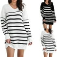 thumbnail image 1 of Lovskoo Sweater Dress for Women Knit Dress Loose Comfortable V-Neck Stripe Sweater Dress White, 1 of 7