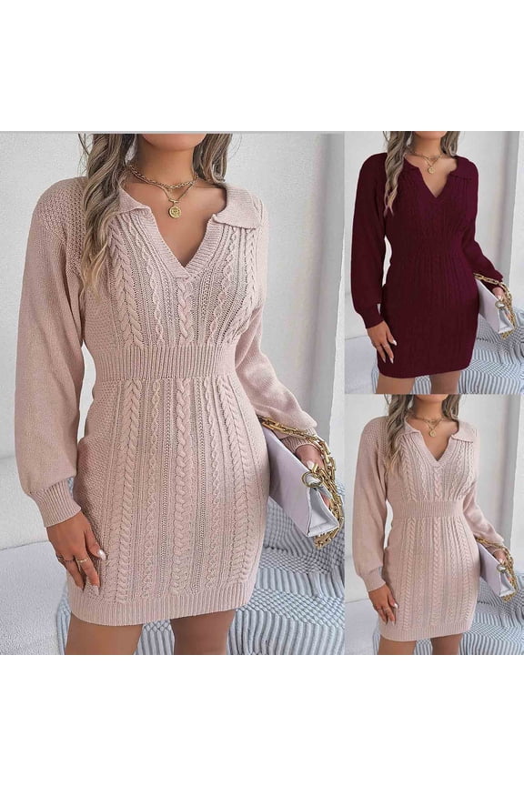 Sweater Dress for Women Trendy Casual Long Sleeve Bodycon Dress V-Neck Ladies Solid Outing Dresses Claret
