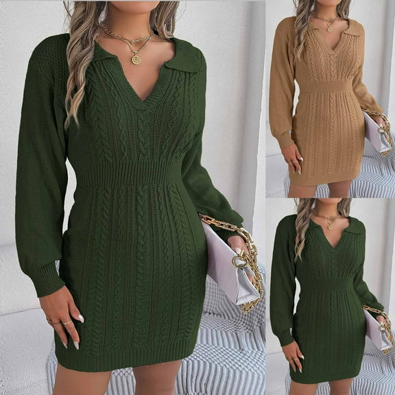 Lovskoo Sweater Dress for Women Trendy Casual Long Sleeve Bodycon Dress V-Neck Ladies Solid Outing Dresses Olive Green
