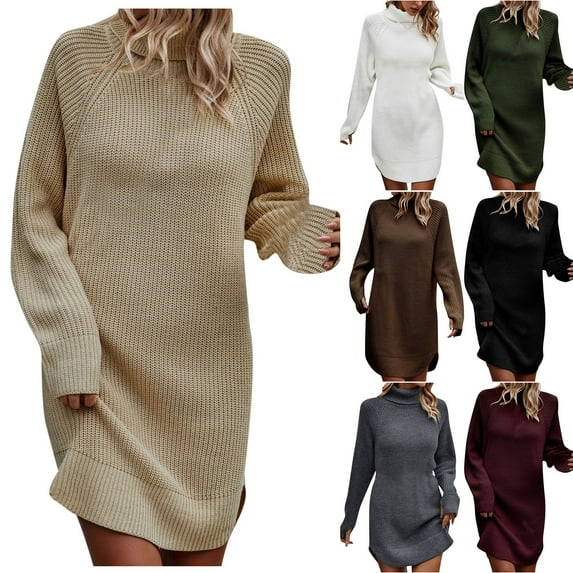 Lovskoo Sweater Dress for Women Winter Casual Solid Color Knitted Sweater Long Sleeve Round-Neck Dress Claret