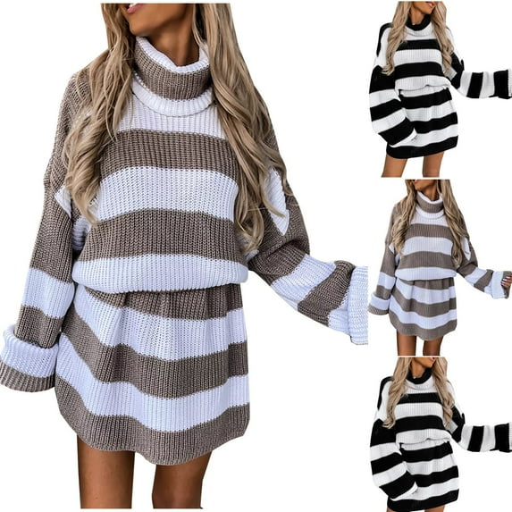 Lovskoo Sweater Dress for Women Winter Long Sleeve Turtleneck Knitted Color-Block Sweater Mid-Length Skirt Black
