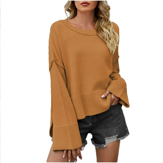 Lovskoo Sweaters for Women Casual Loose Long Sleeve Knitting Round Neck Sweater Blouse Tops Yellow