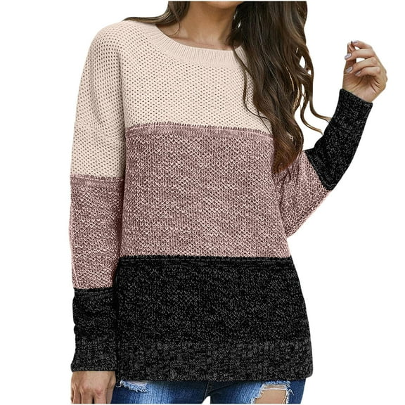 Lovskoo Sweaters for Women Casual Trendy Color Matching Pullover Long Sleeve Round-Neck Sweater Black