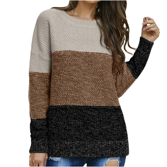Lovskoo Sweaters for Women Casual Trendy Color Matching Pullover Long Sleeve Round-Neck Sweater Coffee