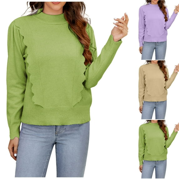 Lovskoo Sweaters for Women Casual Trendy Pullover Long Sleeve Round-Neck Knitted Sweater Tops Beige