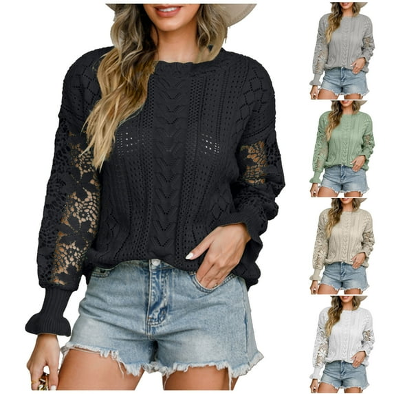 Lovskoo Sweaters for Women Casual Trendy Solid Hollow Out Pullover Long Sleeve Round-Neck Sweater Beige