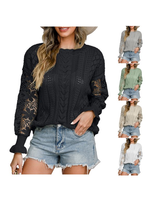 Sweaters for Women Casual Trendy Solid Hollow Out Pullover Long Sleeve Round-Neck Sweater Black