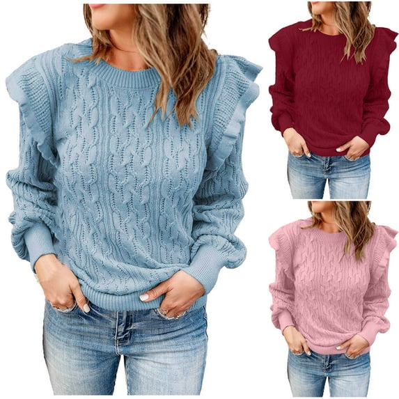 Lovskoo Sweaters for Women Casual Trendy Solid Pullover Long Sleeve Round-Neck Tops Sweater Pink