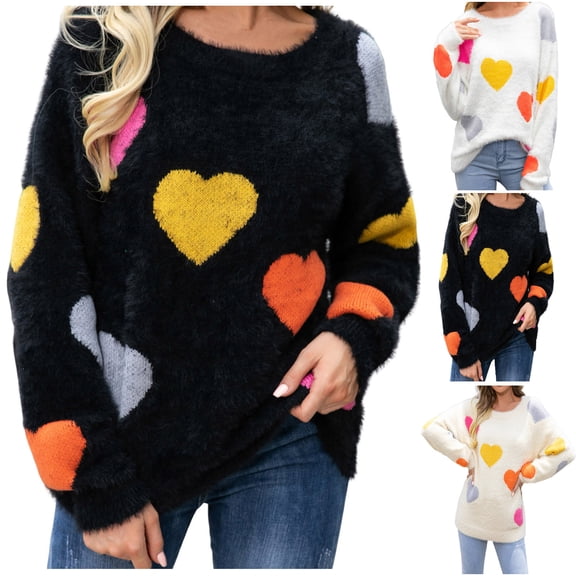Lovskoo Sweaters for Women Comfortable Love Print Long Sleeve Round Neck Sweater Top White