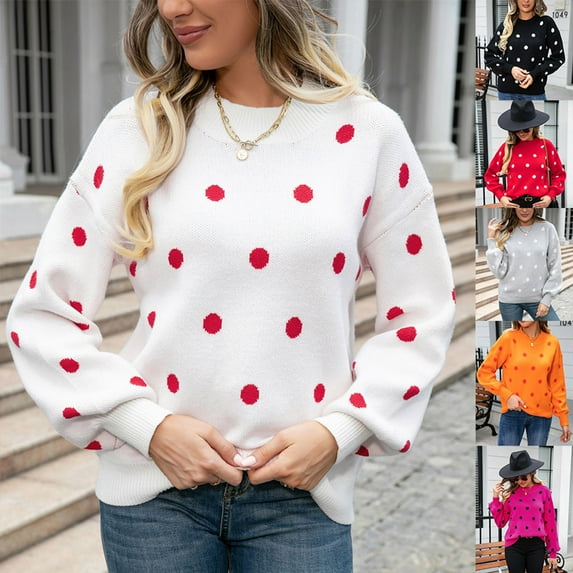 Lovskoo Sweaters for Women Comfortable Polka Dot Printing Long Sleeve Round Neck Sweater Top Orange