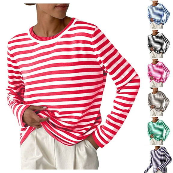 Lovskoo Sweaters for Women Comfortable Stripe Printed Long Sleeve Round Neck Sweater Top Black