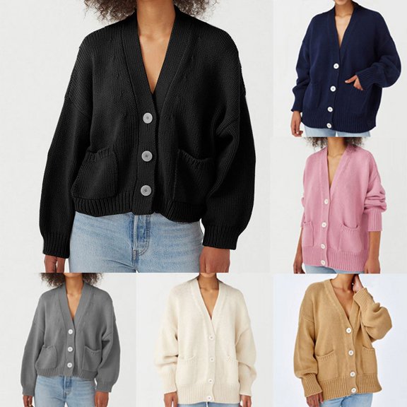 Lovskoo Sweaters for Women Fall Trendy Casual Comfortable Long Sleeve Button Pocket V-Neck Sweater Dark Blue