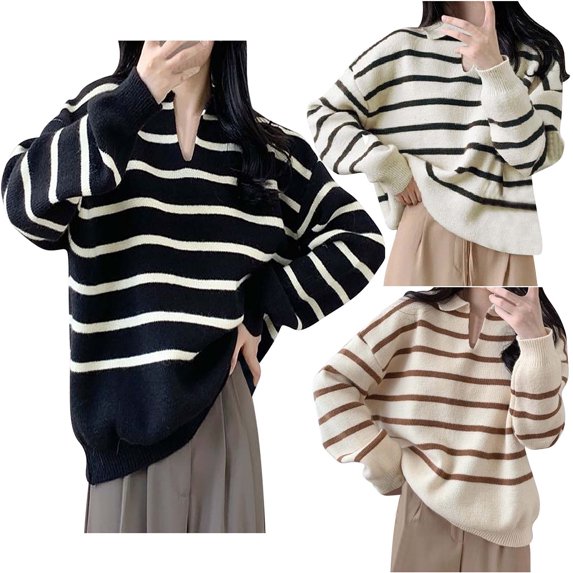 Lovskoo Sweaters for Women Long Sleeve Collar Winter Japanese Vintage Loose Top Knit Sweater Black