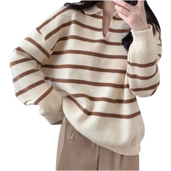 Lovskoo Sweaters for Women Long Sleeve Collar Winter Japanese Vintage Loose Top Knit Sweater Khaki