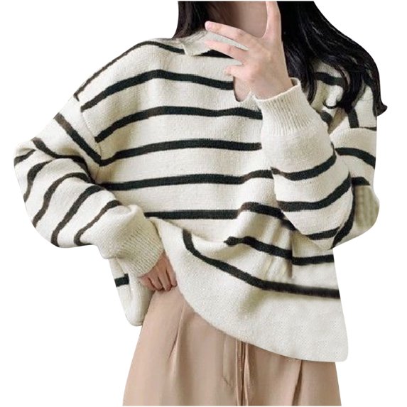 Lovskoo Sweaters for Women Long Sleeve Collar Winter Japanese Vintage Loose Top Knit Sweater White