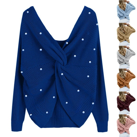 Lovskoo Sweaters for Women Long Sleeve Fall and Winter Knitwear V-Neck Pullover Pearl Mid Length Slouchy Sweater Twist Front Tops Blue