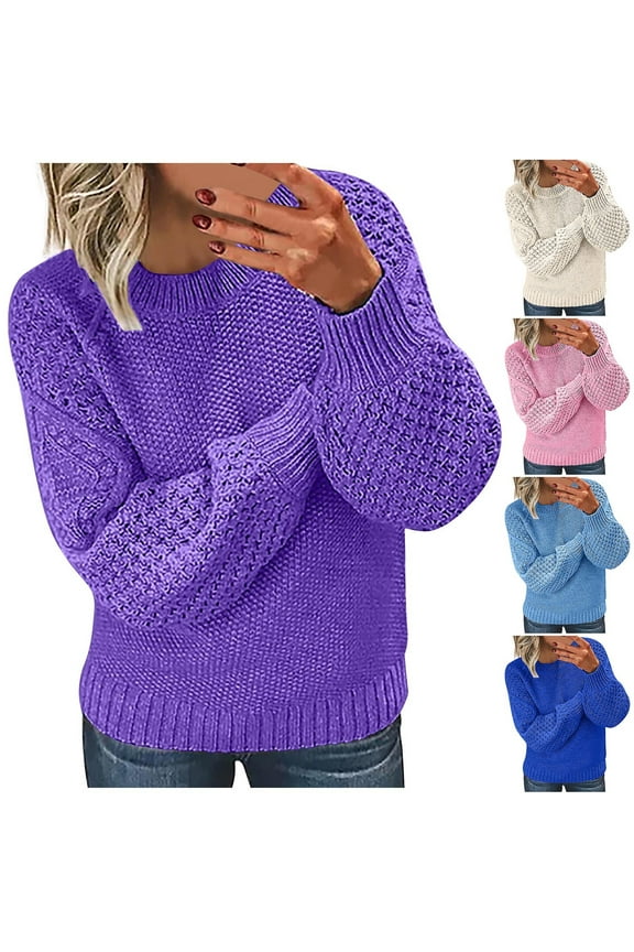 Sweaters for Women Long Sleeve Fall and Winter Solid Color Outerwear Knitted Pullover Thickened Warm Sweater Blue