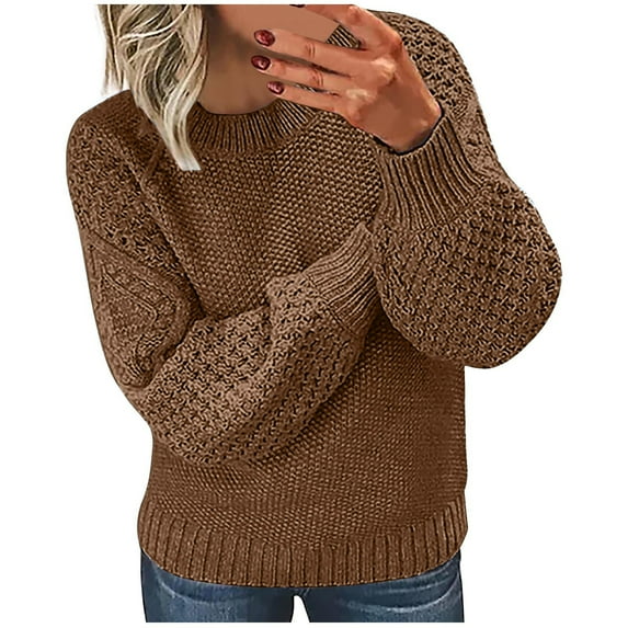 Lovskoo Sweaters for Women Long Sleeve Fall and Winter Solid Color Outerwear Knitted Pullover Thickened Warm Sweater Brown 5XL