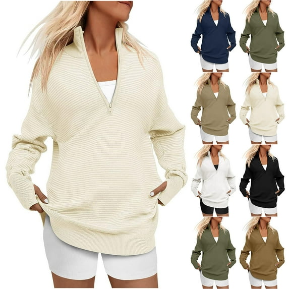 Lovskoo Sweaters for Women Long Sleeve Half Zip V-Neck Casual Rib Knitted Sweater Pullover White