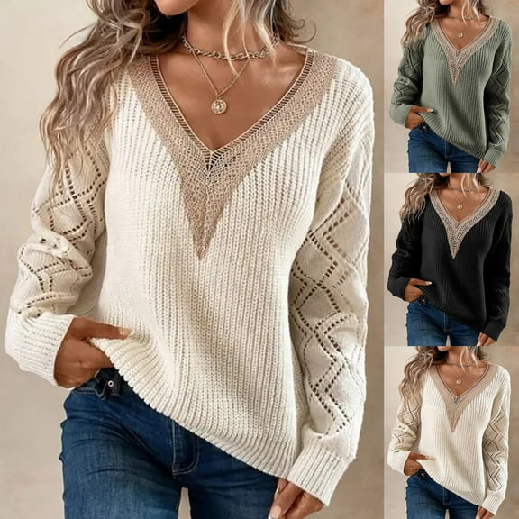 Lovskoo Sweaters for Women Long Sleeve Lace Stitching V Neck Top Casual Loose Knitted Sweaters Blouse Black